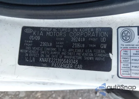 2009 Kia Spectra Ex z USA, uszkodzony, nr VIN KNAFE221395649348